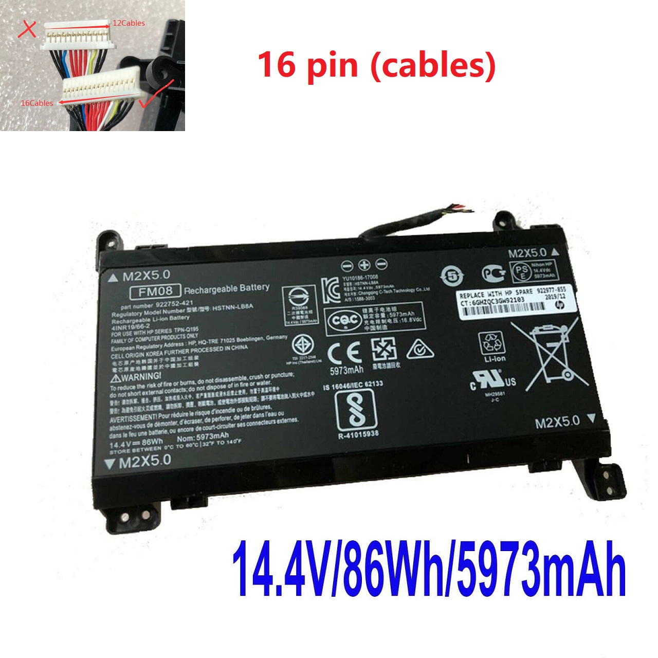 Batería para 16 pin HP Omen 17-AN014NG HSTNN-LB8A 922752-421 HQ-TRE TPN-Q195(Compartido)